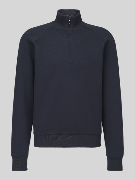 Produktfoto, Sweatshirt mit Logo-Schriftzug Troyer von BOSS in Dunkelblau mit Struktur, Regular Fit, Raglanärmel, Jersey, Reißverschluss, gerippte Abschlüsse