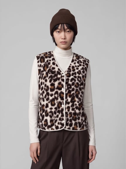 Frauenmodel trägt Weste mit paspeliertem Abschluss von s.Oliver RED LABEL im Animal Print, Fleece, Cropped, Ganzkörperansicht von vorne.