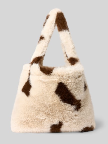 Produktfoto, Mom Bag aus Kunstfell mit Allover-Animal-Print von STUDIO NOOS in Beige-Braun, offenes Hauptfach, Tragehenkel, Breite 55 cm, Länge 40 cm, Tiefe 10 cm, Schulterriemenlänge 70 cm, samtig-weiche Textur