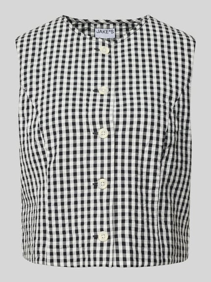 Produktfoto, Weste im Allover-Look mit Rundhalsausschnitt von Jake*s Casual, schwarz-weiß kariertes Muster, Knopfleiste, Regular Fit, sichtbare Textur