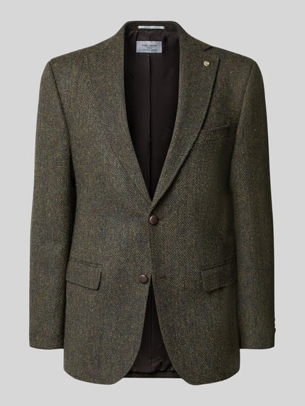 Produktfoto, brązowa marynarka na 2 guziki z kieszeniami z patką, Kołnierz z połami, tkanina o wzorze jodełki, krój slim fit, czysta żywa wełna, Model 'Theo' od Carl Gross, długość tyłu 75 cm, szerokość w rozmiarze 44 cm, długość rękawów 66 cm