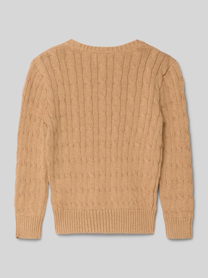 Produktfoto, Strickpullover mit Zopfmuster und Label-Stitching von Polo Ralph Lauren Kids aus reiner Baumwolle in Beige mit Rundhalsausschnitt, Regular Fit, Rückansicht