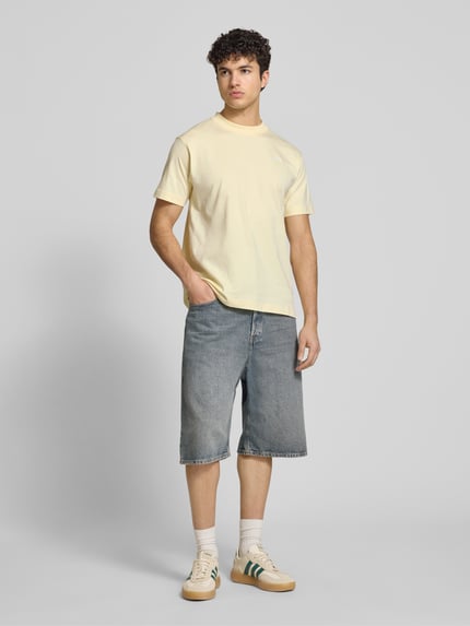 Männermodel trägt Herren T-Shirt mit Label-Stitching Modell 'ACCIANO CLASSIC' von Ellesse in Gelb, Reine Baumwolle, Gerader-Schnitt, Ganzkörperansicht von vorne.