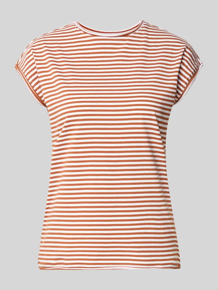 Produktfoto, T-Shirt mit Rundhalsausschnitt von Christian Berg Woman w paski, damski t-shirt z bawełny, krój regular fit, zrolowany brzeg, długość tyłu w rozmiarze S: 55 cm