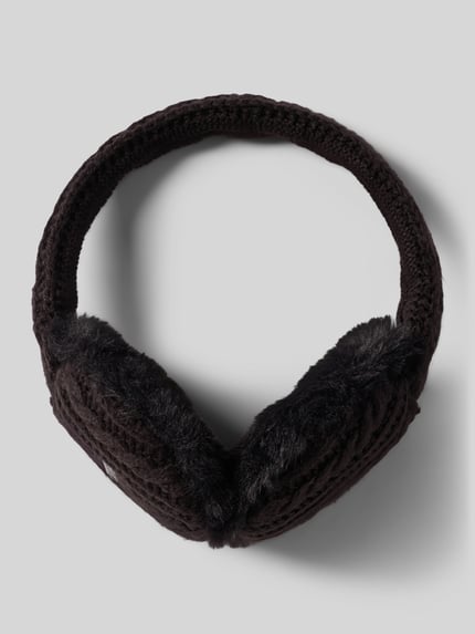 Produktfoto, Ohrenwärmer mit Kunstfellbesatz Modell 'Monique' von Barts in dunklem Braun mit flauschiger Kunstfelltextur vor grauem Hintergrund. Damen Mütze von Barts