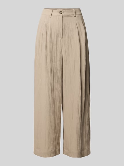 Produktfoto, Culotte mit Knopf- und Reißverschluss Modell 'Milo' von LOLLYS LAUNDRY, beiger Material-Mix mit Viskose-Anteil, Wide-Leg-Fit, seitliche Eingrifftaschen, Bundweite 37 cm, Innenbeinlänge 68 cm, strukturierte Oberfläche.