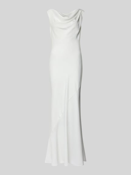 Produktfoto, Brautkleid aus Satin mit Wasserfall-Ausschnitt von SWING, figurbetonter Schnitt, Maxikleid, glatte weiße Oberfläche, Rückenlänge bei Größe 36: 152 cm, Brustweite bei Größe 36: 44 cm