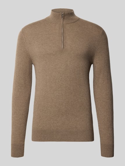 Produktfoto, Regular Fit Strickpullover aus reinem Kaschmir mit Troyer-Kragen von Profuomo, unifarbenes Design, glatte Textur, Rückenlänge 69 cm, Ärmellänge 64 cm