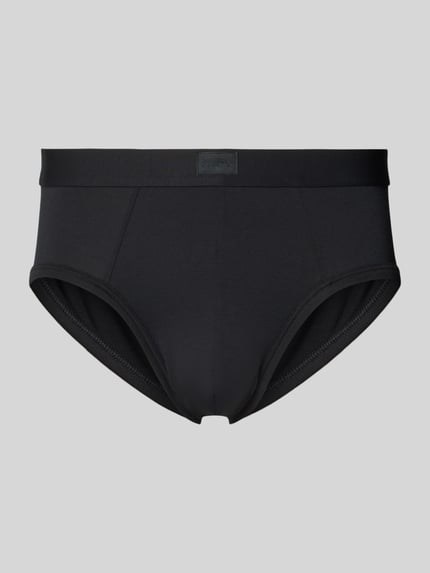 Produktfoto, Slip mit elastischem Bund und Label-Patch von Mey im schwarzen Modal-Mix, Körpernaher-Schnitt, glatte Oberfläche, Vorderansicht.