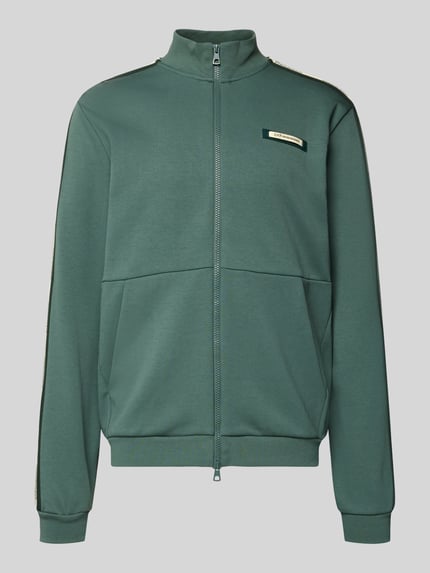 Productfoto, Sweatjacke mit Stehkragen und Zweiwege-Reißverschluss van EA7 Emporio Armani in regular fit, groengrijze kleur, opstaande kraag, tweewegrits, steekzakken, labeldetail, ruglengte maat M 68 cm, mouwlengte maat M 67 cm