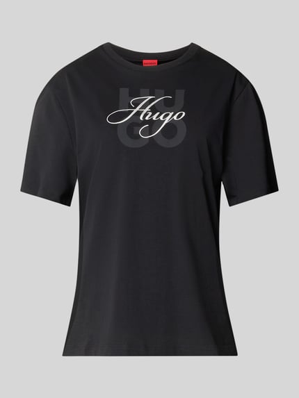 Produktfoto, czarny damski t-shirt o prostym kroju regular fit, biały napis, gładka faktura, Regular Fit T-Shirt aus reiner Baumwolle Modell 'Dashire_5' von HUGO, damski t-shirt