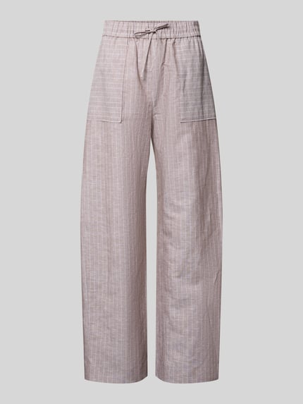 Productfoto, Wide Leg Pants aus Leinen-Mix mit Eingrifftaschen van MM by Max Mara, loose fit met elastische tailleband, model 'FAUNA', strookjespatroon in beige met witte lijnen, stof met katoen, zijzakken, context: dames Wide Leg Pants met binnenbeenlengte 80 cm en taillewijdte 37 cm maat 36