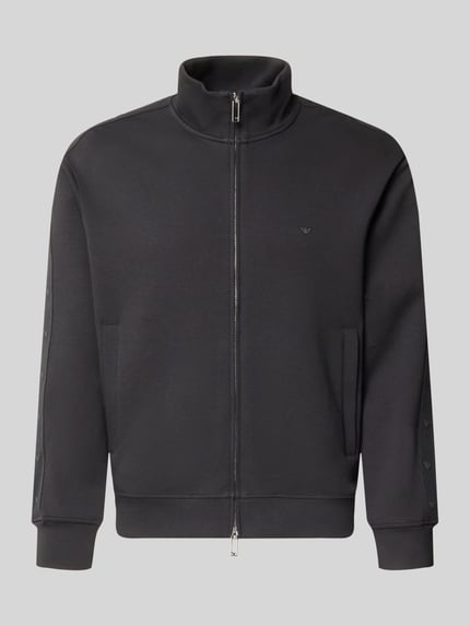 Produktfoto, Sweatjacke mit Stehkragen und Zweiwege-Reißverschluss von Emporio Armani, Herren, Baumwoll-Mix mit Stretch-Anteil, Regular Fit, Farbe Dunkelgrau, glatte Oberfläche, Eingrifftaschen, Rückenlänge 66 cm, Ärmellänge 62 cm
