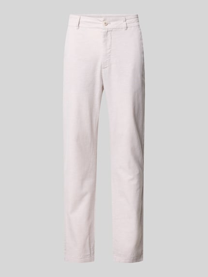 Produktfoto, Straight Leg Hose aus Leinen-Baumwoll-Mix von Tom Tailor Denim, jednolita, jasna, prosta nogawka, kieszenie z przodu i z tyłu, guzik i zamek, materiał z fakturą.
