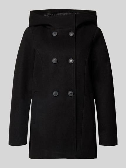 Productfoto, Wollmantel mit Kapuze van VERO MODA, effen zwart, dubbele knoopsluiting, kap, zijzakken, lange mouwen, afgeronde zoom, zachte structuur