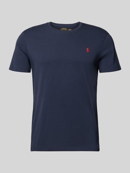 Produktfoto, dunkelblaues Slim Fit T-Shirt mit Logo-Stitching von Polo Ralph Lauren, reine Baumwolle, Rundhalsausschnitt, glatte Struktur