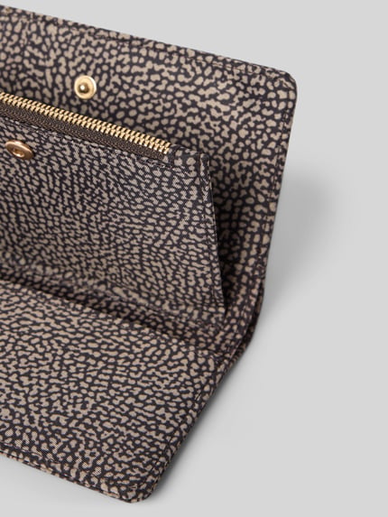 Productfoto, Portemonnee met drukknoopsluiting van BORBONESE met hoofdvak, muntvak met rits, vakken voor biljetten en kaarten, beige en bruin met fijn patroon, structuur zichtbaar