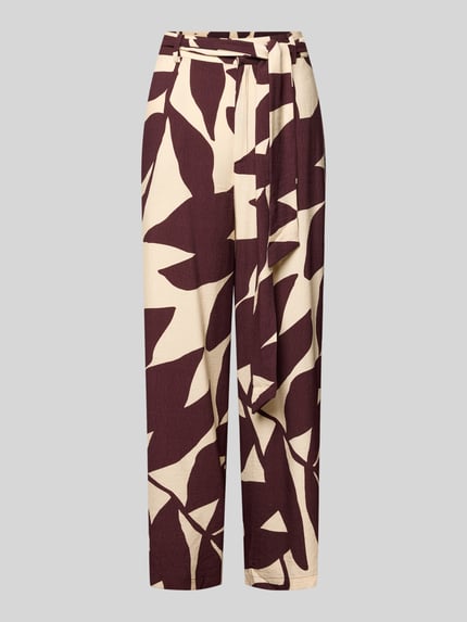 Produktfoto, Stoffhose aus Viskose-Mix mit Bindegürtel Modell 'PLUMAS' von Mango im Allover-Look, Relaxed-Fit, verkürzte Passform, beige-braunes abstraktes Muster, texturierte Oberfläche, Damen Stoffhose, Bundweite 36 cm, Innenbeinlänge 67 cm, Größe S
