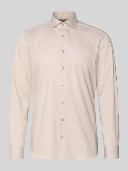 Productfoto, Slim Fit Businesshemd aus Baumwoll-Mix mit Kentkragen van OLYMP Level Five, lichtbeige met fijne strepen, lange mouwen, knoopsluiting, sportmanchetten, herenshirt met elastische katoenmix.