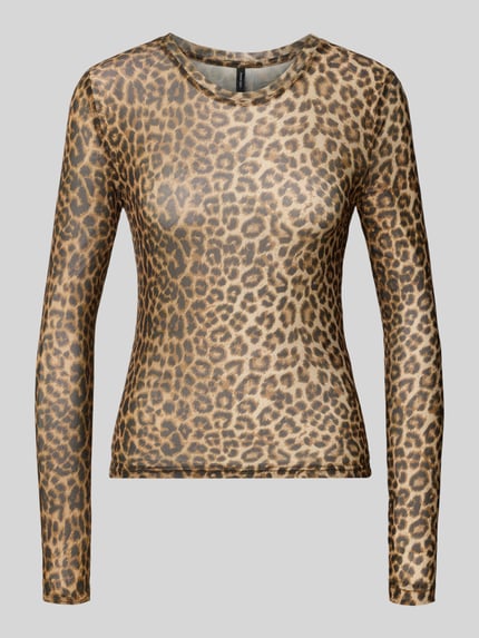 Produktfoto, Slim Fit Langarmshirt mit Rundhalsausschnitt Modell 'LOVA' van VERO MODA Dames, luipaardprint in bruin- en goudtinten, zachte en gladde textuur