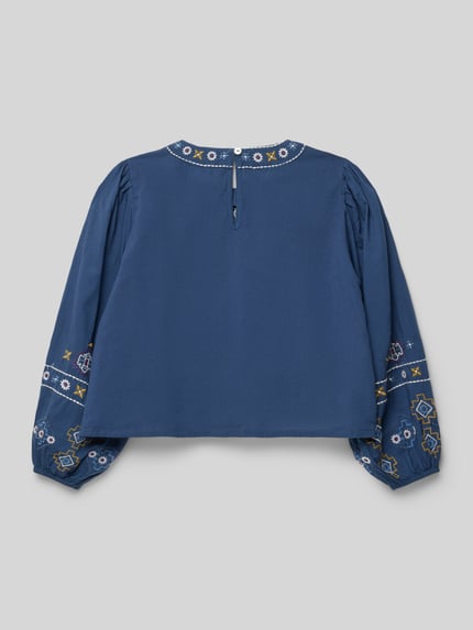 Produktfoto, blaue Kinder Bluse mit Stitchings Modell 'RANIA' von Mango aus Baumwolle, Regular Fit, Rundhalsausschnitt, strukturierter Stoff