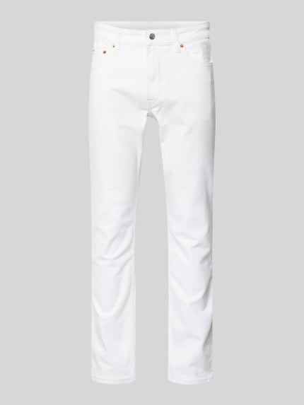 Productfoto, Slim Fit Jeans met steekzakken van Calvin Klein Jeans in wit met materiaalmix met katoen, knoop- en ritssluiting, maatinfo zichtbaar.