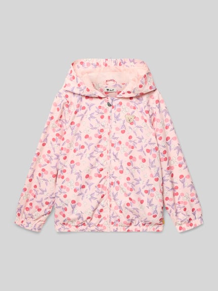 Productfoto, Jacke mit Kapuze und Motiv-Stitching van Steiff in recht model met kap, rits, elastische boorden, labeldetail, roze met paarse en rode motieven, maat 116 ruglengte 46 cm, schouderbreedte 32 cm, mouwlengte 43 cm