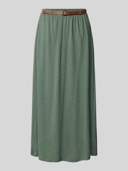 Produktfoto, Maxi-Rock aus Baumwoll-Mix Modell 'LUNA' von Vero Moda, Optik: Unifarben, Passform: Leicht ausgestellt, Maxi-Länge, Gürtelschlaufe, Gürtel, Bundabschluss: Elastisch, Gerader Saum, Materialverarbeitung: Jersey, Material: Baumwoll-Mix, sanfter Grünton, glatte Textur