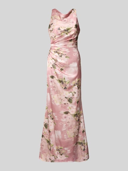 Productfoto, avondjurk met waterfall-ausschnitt van Mascara, satijn met bloemendessin, nauwsluitend model, maxi-jurk, drapering, rugzijde overkruiste brede bandjes, haakjes- en ritssluiting, ruglengte maat 36: 145 cm, borstwijdte maat 36: 37 cm