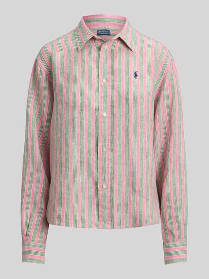 Produktfoto, Boxy Fit Hemdbluse aus reinem Leinen von Polo Ralph Lauren, rosa-grün gestreift, Hemdkragen, Knopfleiste, Logo-Stitching