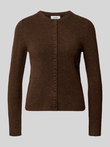 Produktfoto, braune Slim Fit Strickjacke mit Woll-Anteil Modell 'Sia' von Topshop, gerippte Abschlüsse, Strick-Optik, Knopfleiste
