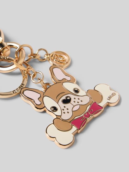 Produktfoto, Sleutelhanger met motief-plakette model 'DOG KEY RING' van Liu Jo White met karabijnsluiting en labelapplicatie in goudkleur met beige, bruin, roze en witte accenten, labeldetails en motief van hond.