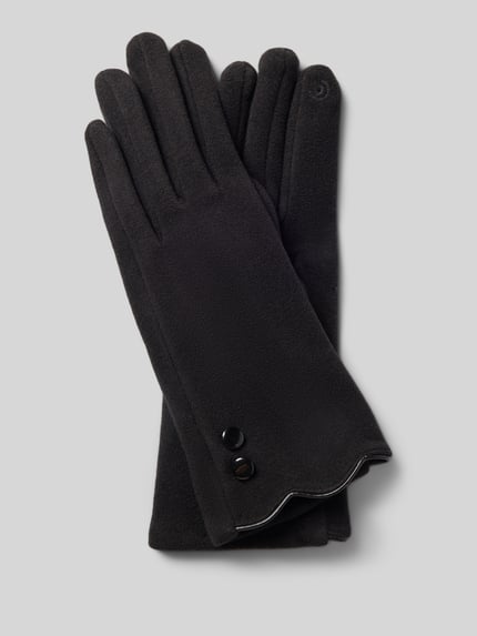Produktfoto, Handschuhe aus elastischem Material-Mix mit Zierknöpfen von EEM, schwarze Damen Handschuhe mit Leder-Optik am Saum.