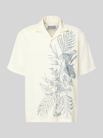 Produktfoto, Regular Fit Freizeithemd aus Leinen mit Kentkragen von JAKE*S STUDIO MEN, cremefarben mit grauem botanischem Print, kurzärmelig, glatte Textur