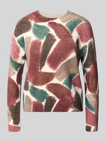 Produktfoto, Strickpullover im Allover-Look mit Rundhalsausschnitt von Apricot, mehrfarbig, Material-Mix mit Woll-Anteil, Regular Fit