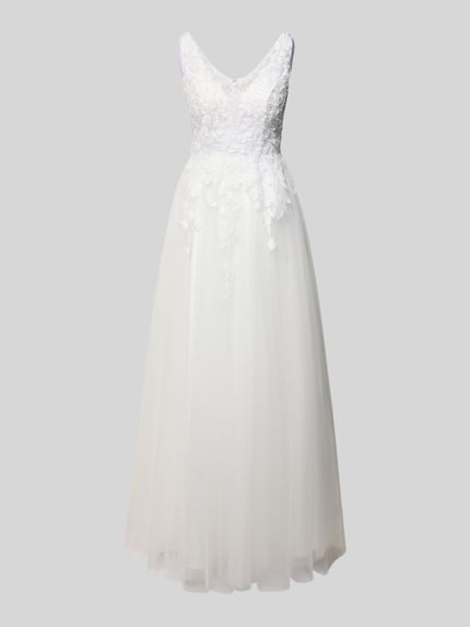 Produktfoto, Regular Fit Brautkleid mit floralem Spitzenbesatz von Luxuar, biała tkanina, tiul, koronka, bez rękawów, linia A, semitransparentne