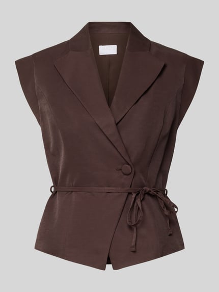 Productfoto, Weste aus Viskose-Mix mit Bindegürtel und Reverskragen van Jake*s cocktail in bruin, getailleerd model, mix van viscose en linnen, knoopsluiting, strikceintuur, kapmouwen, ruglengte maat 36: 56 cm
