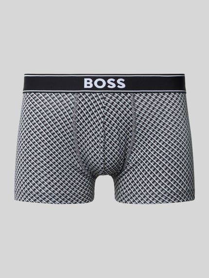 Produktfoto, Trunks aus Baumwoll-Mix von BOSS im Herren Pant & Trunk Stil mit schwarz-grauem geometrischem Muster und glatter Textur.
