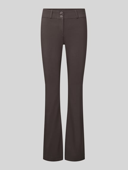 Produktfoto, Stoffhose mit Gesäßleistentasche von REVIEW in dunklem Braun, ausgestelltes Bein, glatte Stofftextur, Details laut Produktbeschreibung