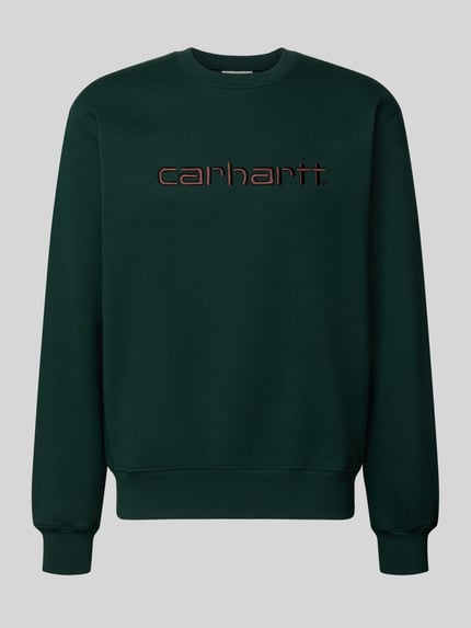 Produktfoto, Regular Fit Sweatshirt aus Baumwoll-Mix mit Logo-Stickerei von Carhartt Work In Progress, zielony, mieszanka bawełny, krój regular fit, wyhaftowane logo, prążkowane wykończenia, długi rękaw, opuszczone ramiona, okrągły dekolt, prążkowana plisa, długość tyłu w rozmiarze M: 70 cm, długość rękawów w rozmiarze M: 66 cm