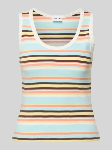 Produktfoto, Tanktop mit Feinripp und Rundhalsausschnitt von Jake*s Casual im Streifenmuster, Baumwoll-Mix mit Stretch-Anteil, Körpernaher Schnitt, Wellensaum, Rückenlänge 49 cm bei Größe S