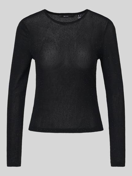 Produktfoto, Langarmshirt mit Strasssteinen von VERO MODA in Schwarz, Slim Fit, strukturierte Rippoptik, cropped, Crew Neck, Rollsaum