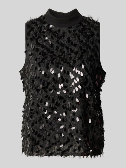 Produktfoto, schwarzes Top mit Pailletten Modell 'GIOIOSA' von Marella, Stehkragen, strukturierte Oberfläche, Regular Fit