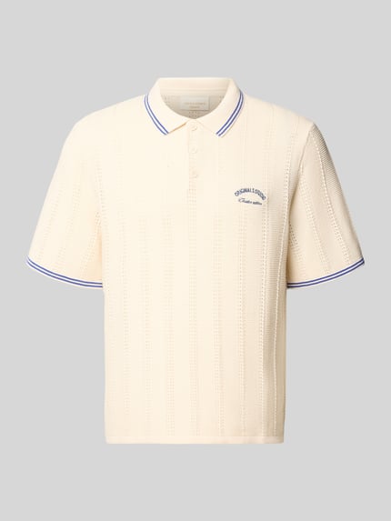 Productfoto, regular fit poloshirt in tricotlook model 'Menton' van Jack & Jones in puur katoen, heren poloshirt met korte mouwen, ruglengte bij maat M 70 cm, crème met blauwe accenten, textuur met gebreid patroon