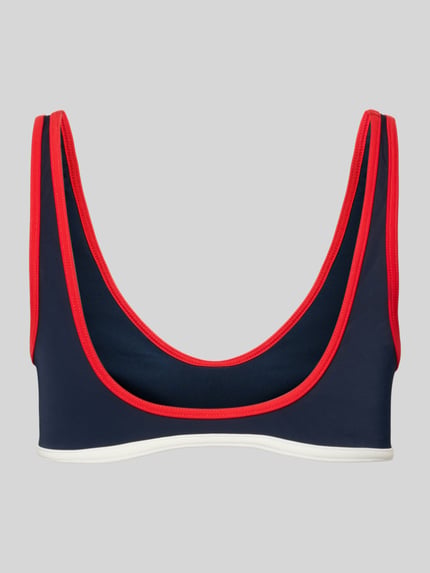 Produktfoto, Bikini-Oberteil mit Logo-Applikation von Tommy Hilfiger, efekt: wielokolorowy, szerokie ramiączka, bez fiszbin, niewyściełane miseczki, paski w kontrastowym kolorze, dekolt w serek, bez zapięcia