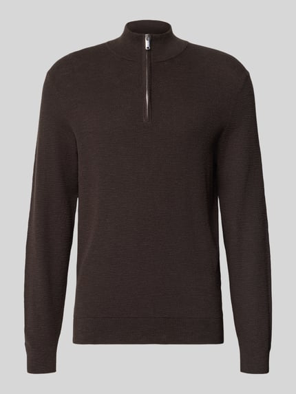 Produktfoto, Slim Fit Strickpullover aus Baumwoll-Mix mit Troyer-Kragen von Profuomo, dunkelbraun, grobe Struktur, elastische Abschlüsse