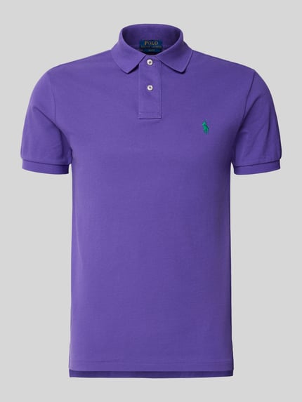 Produktfoto, Slim Fit Poloshirt aus reiner Baumwolle von Polo Ralph Lauren in Lila, unifarben, Piqué-Struktur, Polokragen, kurzarm, Logo-Stitching