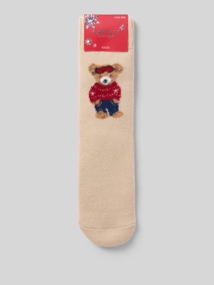 Produktfoto, Socken aus elastischem Material-Mix Modell 'Bär' von CAPELLI NEW YORK, beige mit Bärenmotiv, gerippter Abschluss, glatte Textur