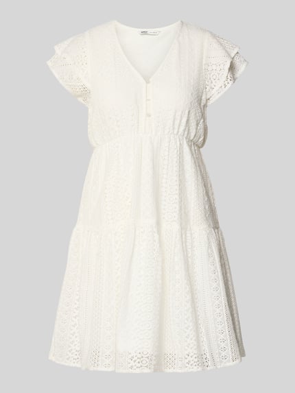 Produktfoto, Tailliertes Blusenkleid aus Baumwoll-Mix Modell 'HELENA' van Only, look: effen, getailleerd, minilengte, borduursel, onderjurk, V-hals, korte knoopsluiting, korte mouw, katoenmix