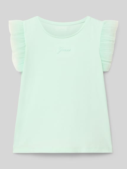 Produktfoto, T-Shirt mit Logo-Stitching und Rundhalsausschnitt von Guess w kolorze miętowym, prosty krój, tiul na rękawach, długość tyłu w rozmiarze 116: 41 cm